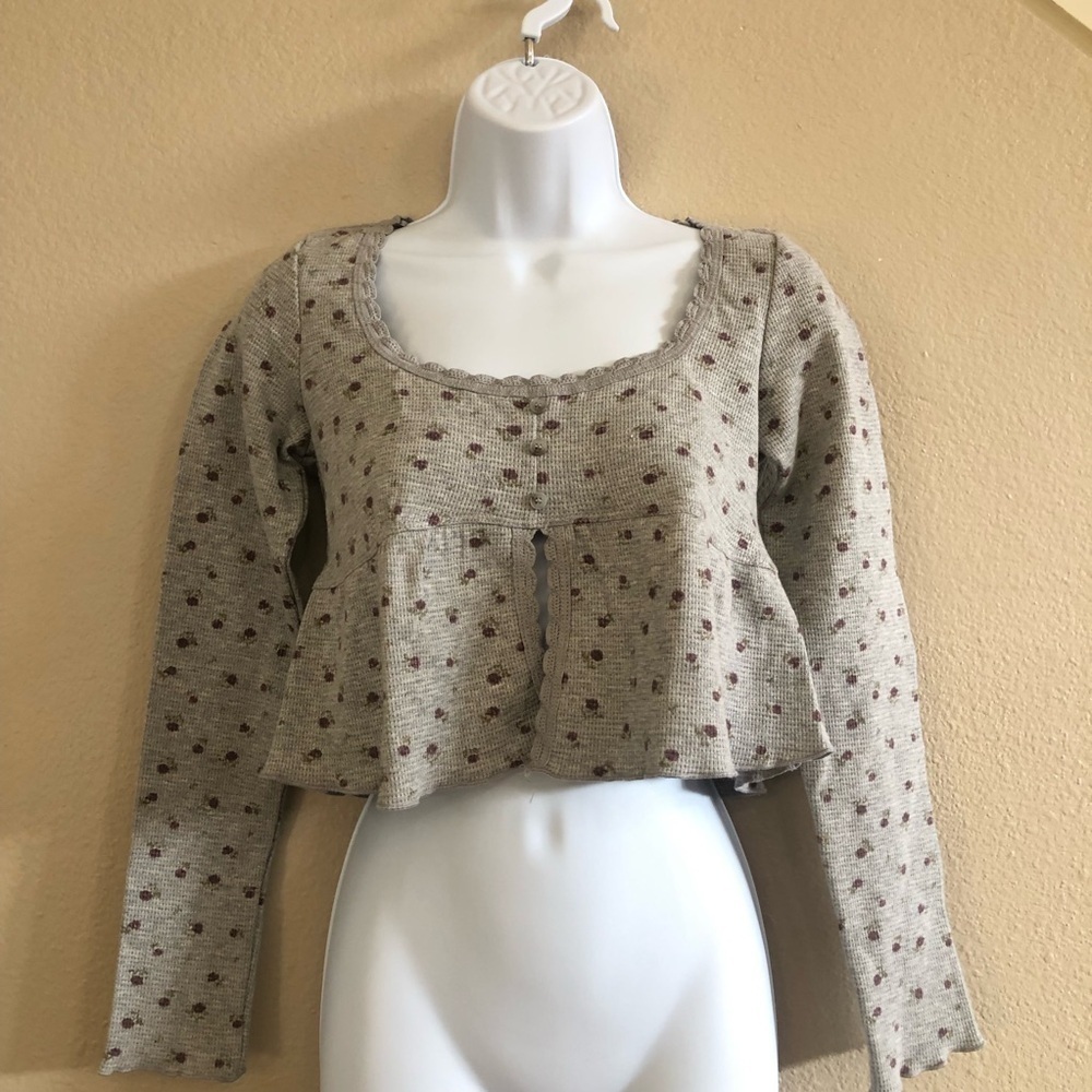 Kirious Los Angeles Floral Babydoll Waffle Knit Long Sleeves Crop Top Size S - Picture 3 of 11